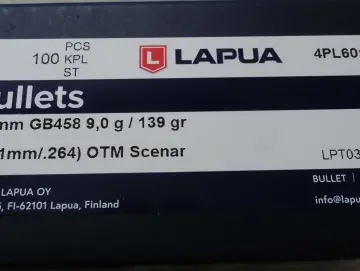 Geschosse LAPUA cal 6,5 / .264 139gr Scenar